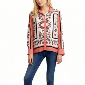Liz Claiborne Floral Abstract Button-Up Blouse Size Small Peach Pink Multi
